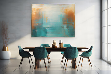 interior living room dining table and chairs in teal green ai generative