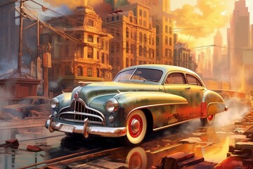 Classic vehicle amidst urban landscape with towering buildings. Generative AI