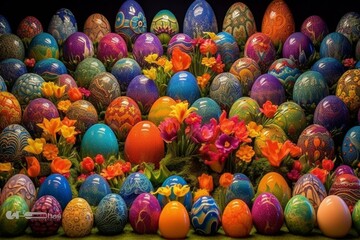 Fototapeta na wymiar Vibrant Easter egg display. Generative AI