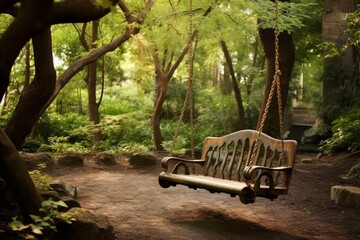 Rustic swing amid park's lush surroundings, retro vibe. Generative AI