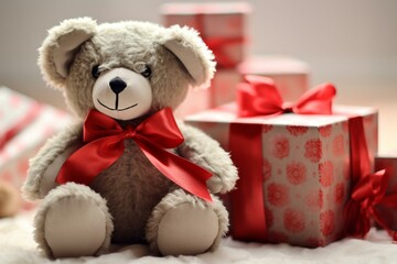 a stuffed animal beside a present wrapped in red ribbons and bows. Generative AI