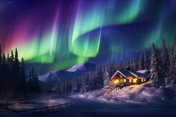 wooden house covered in snow at a cold winter evening on christmas holidays with beautiful purple and green aurora in the background created with Generative AI  - obrazy, fototapety, plakaty