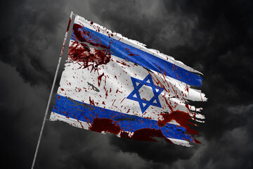Israel torn flag on dark sky background with blood stains.