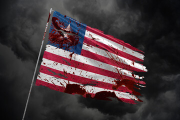 Liberia torn flag on dark sky background with blood stains.