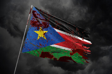 South Sudan torn flag on dark sky background with blood stains.