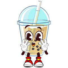 the character mascot of a glass of iced boba with a cute face is wondering. emoticon, cute glass of iced boba mascot