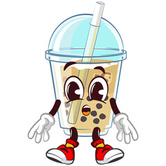 mascot character of a glass of iced boba with a cute face who is tired. emoticon, cute glass of iced boba mascot