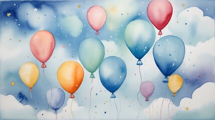 A whimsically enchanting watercolor painting depicts a serene sky adorned with fluffy clouds, vibrant balloons, and twinkling stars