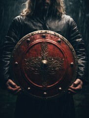 knight holding a metal shield in his hands.  - obrazy, fototapety, plakaty