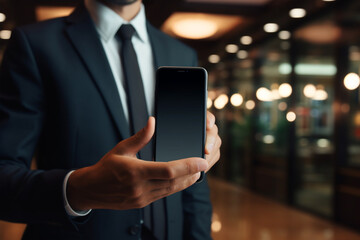Business man wearing coat suit holding a mobile phone in hand and showing the front display to the audience in an office background, cell phone display mock up, Man holding a phone with blank screen - obrazy, fototapety, plakaty