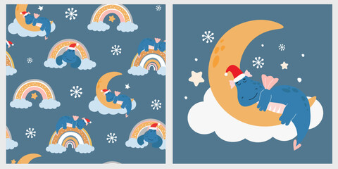 A cute little cartoon dragon sleeps on the moon. Baby pattern with fantasy animals, rainbow, stars and snowflakes. Vector graphics.