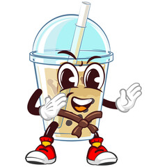 character mascot of a glass of boba ice with a funny face practicing martial arts with a belt, isolated cartoon vector illustration. emoticon, cute glass of iced boba mascot