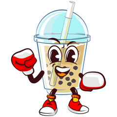 character mascot of a glass of boba ice with a funny face practicing boxing with boxing gloves on, isolated cartoon vector illustration. emoticon, cute glass of iced boba mascot