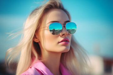 Attractive young woman model over the blue sky background. Generative AI