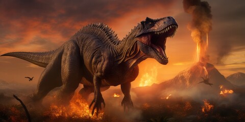 T-Rex Stands in the Midst of Fire and Volcanic Eruption, Symbolizing the Catastrophic Conclusion of the Dinosaur Era, Triggered by a Meteorite Impact in the Cretaceous Period