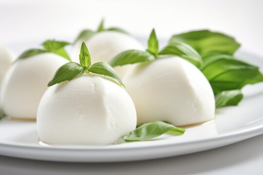 Mozzarella cheese decorated with basil leaves on a plate. Generative AI