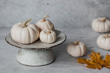Seasonal autumn food. Fresh pumpkins on a stylish ceramic plate on a gray concrete background. A...
