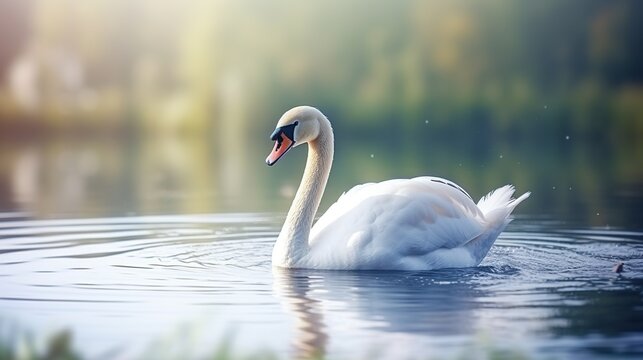 White Swan on the Lake nature blurred background. AI generated image