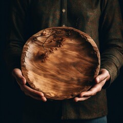 someone holding a wooden plate with copyspace. 