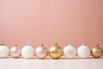 Christmas banner with white and golden baubles on colored monochrome pink background. Greeting card for Happy Xmas holiday. Invitation to party. Copy space.