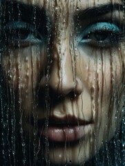 image of a young woman with water running down her face. 