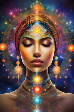 portrait of a woman symbolizing the expansion of consciousness, the universe