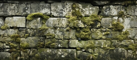 An aged and worn stone barrier covered in moss and lichen, emphasizing the inherent texture of the surface
