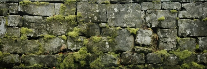 The old and weather-beaten stone partition adorned with moss and lichen, accentuating the surface's natural texture