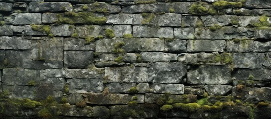 A background showcasing an antiquated and worn stone wall with moss and lichen, underscoring the inherent surface texture