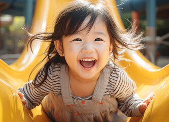 Small asian kid playing on yellow slider with smile of happiness