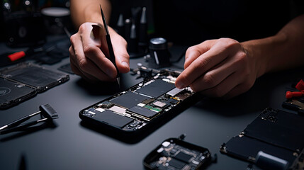 close-up of a technician's hands repairing a smartphone - obrazy, fototapety, plakaty