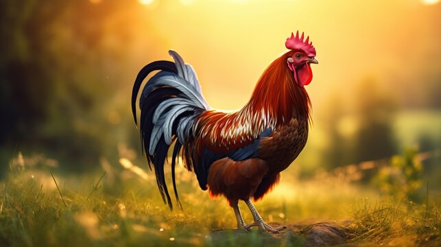Rooster standing on the grass in blurred nature background. AI generated image