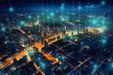 Concept of telecommunication network and data connection in a tech-driven city. Generative AI
