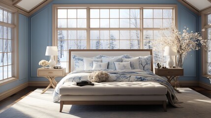 French Country Bedroom: Blue Pillows Reflect Rustic Charm and Elegance - Modern Interior Design with Classic Aesthetics