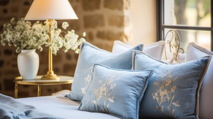 French Country Bedroom: Blue Pillows Reflect Rustic Charm and Elegance - Modern Interior Design with Classic Aesthetics