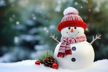 snowman doll against a forest background, Christmas and Happy New Year concept, copy space