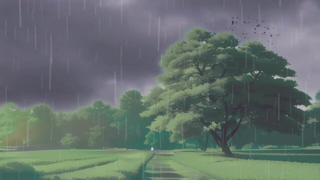 beautiful and large flowering green cherry tree. beautiful panorama in rain. Cartoon or anime illustration style. seamless looping 4K time-lapse virtual video animation background.