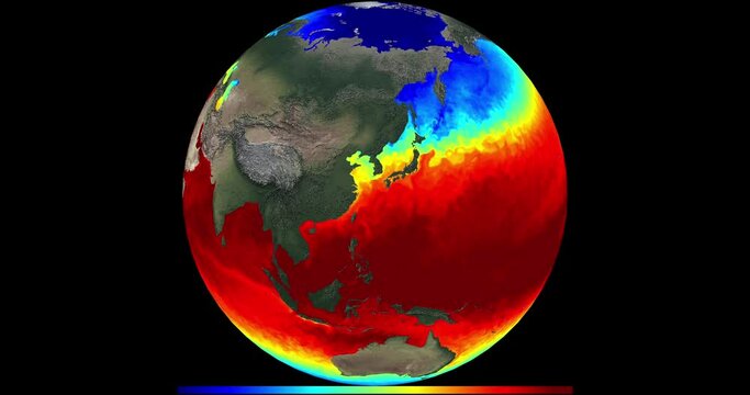 A mesmerizing globe loop displaying ocean temperatures as it rotates. Revealing the dynamic climate patterns of our planet's maritime expanse.Beginning of the America loop