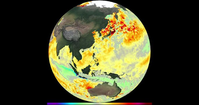 A mesmerizing globe loop displaying ocean anomalies temperatures as it rotates. Revealing the dynamic climate patterns of our planet's maritime expanse.Beginning of the America loop