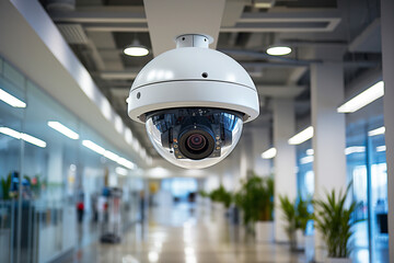 Modern black outdoor security camera turned on on the ceiling of modern building