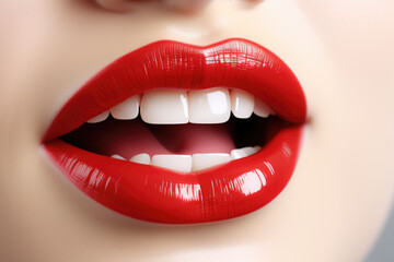 Red Lips Closeup, Detailed. Red Lips, mouth and white teeth.