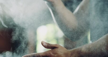Fitness, gym and hands of bodybuilder with chalk, power commitment to training workout. Magnesium powder, exercise club and strong man with muscle, energy and athlete in weight lifting challenge.