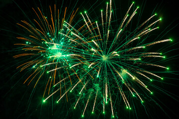 Beautiful green fireworks at night. Selective focus. 