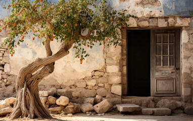 Old ancient textured door in a stone wall in Greece