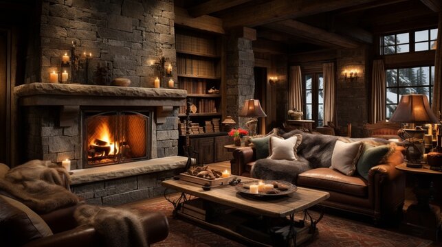 : Cozy fireside lounge with plush sofas, rustic wood accents, and a crackling fireplace.