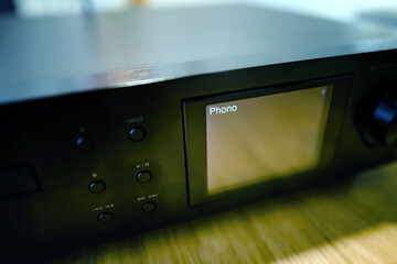 A close-up of the Phono inscription, indicating the connection port on a hi-fi music streaming...