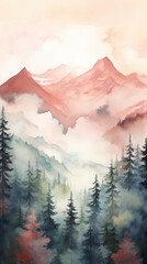 A scenic landscape painting with majestic mountains and lush trees