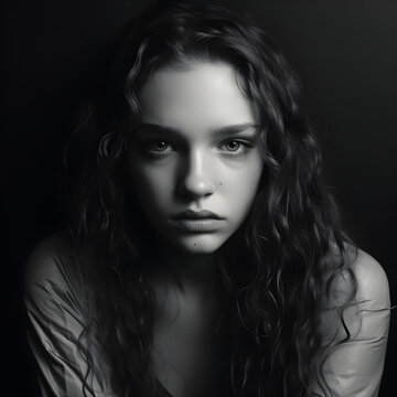 Black and white photo of a somber expression teenager with long curly hair 