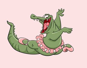 vector illustration of a jumping green happy crocodile wearing pink ballet shoes and ballet skirt, smiling. © Anastasia