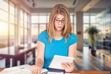 Fototapeta premium Happy smiling professional business person work in office, AI generated image